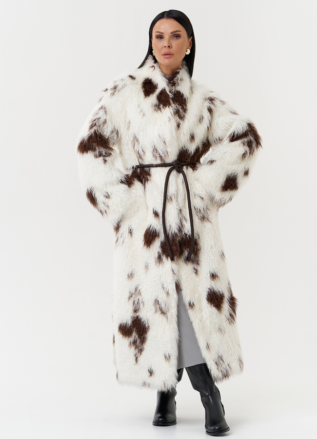 Пальто из эко меха с анималистичным принтом модель № 28544 меха малина