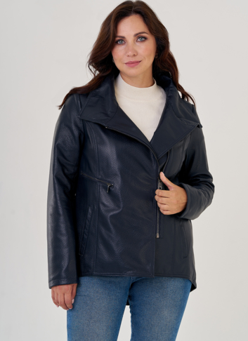 Кожаная куртка на молнии темно-синего цвета 