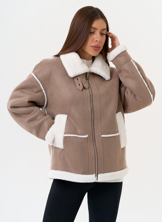 Женская дубленка из эко замши с воротником стойкой