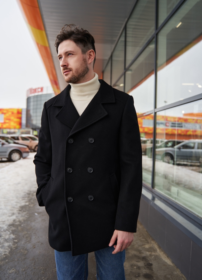 фото Мужское пальто черного цвета  модель № 23217