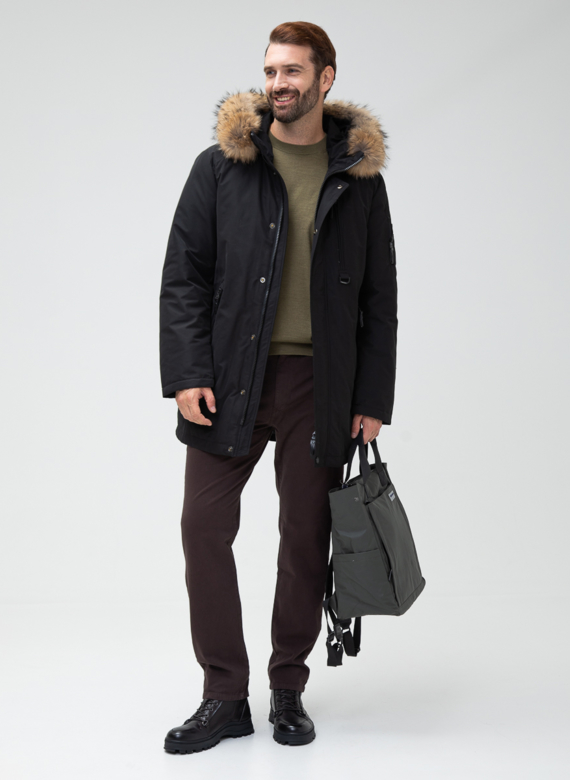 Мужской пуховик с капюшоном из меха енота