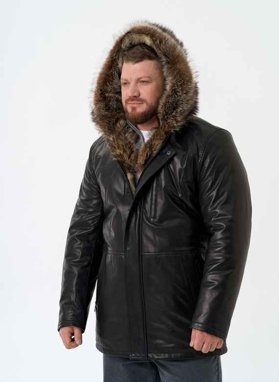 Мужская натуральная дубленка на волке с отделкой из меха енота