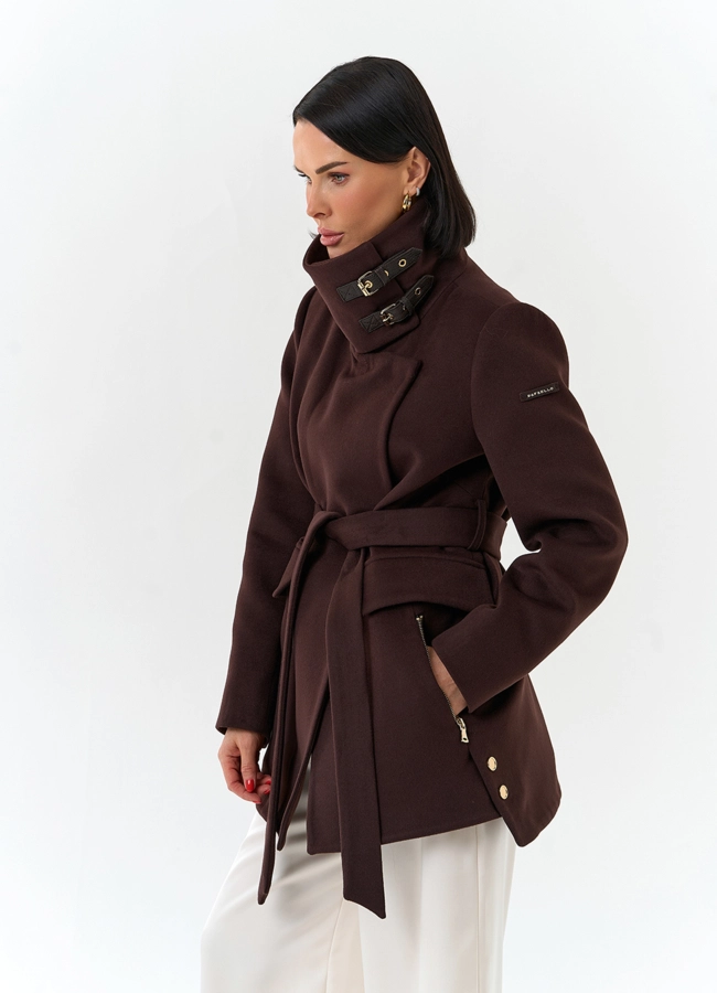 фото Женское укороченное пальто с воротником стойкой модель № 32553