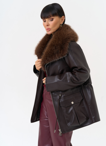 Удлиненная куртка из эко кожи с воротником из эко меха