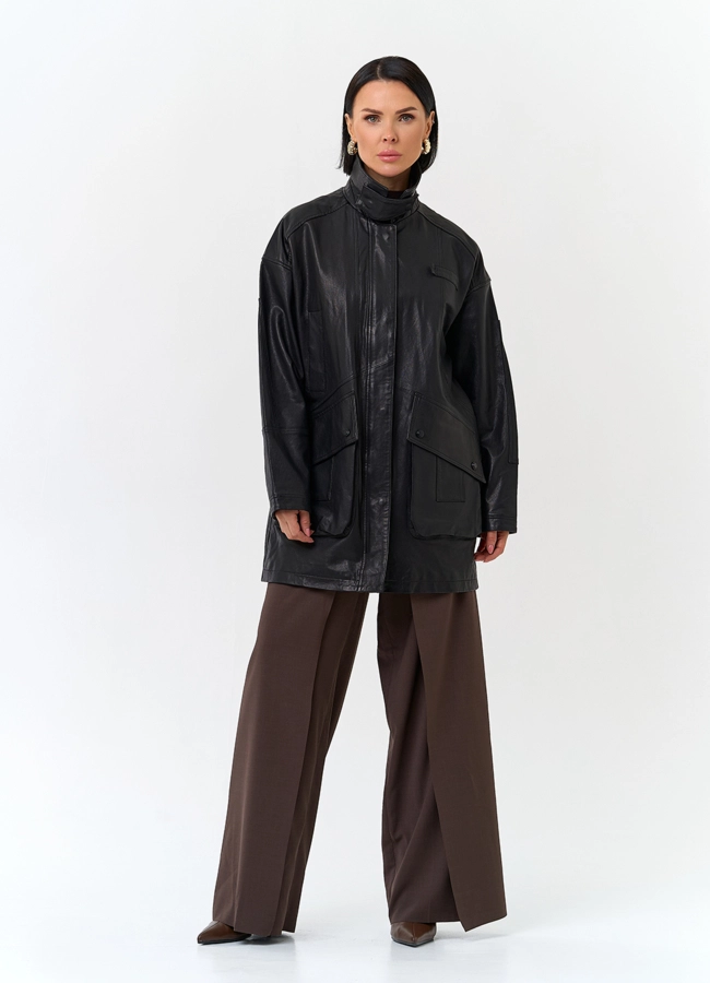 фото Женская удлиненная куртка из натуральной кожи модель № 32759