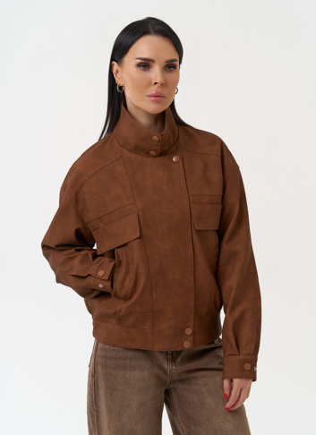 Женская куртка бомбер из эко кожи коричневого цвета