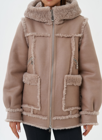 Двухсторонняя эко дубленка с капюшоном