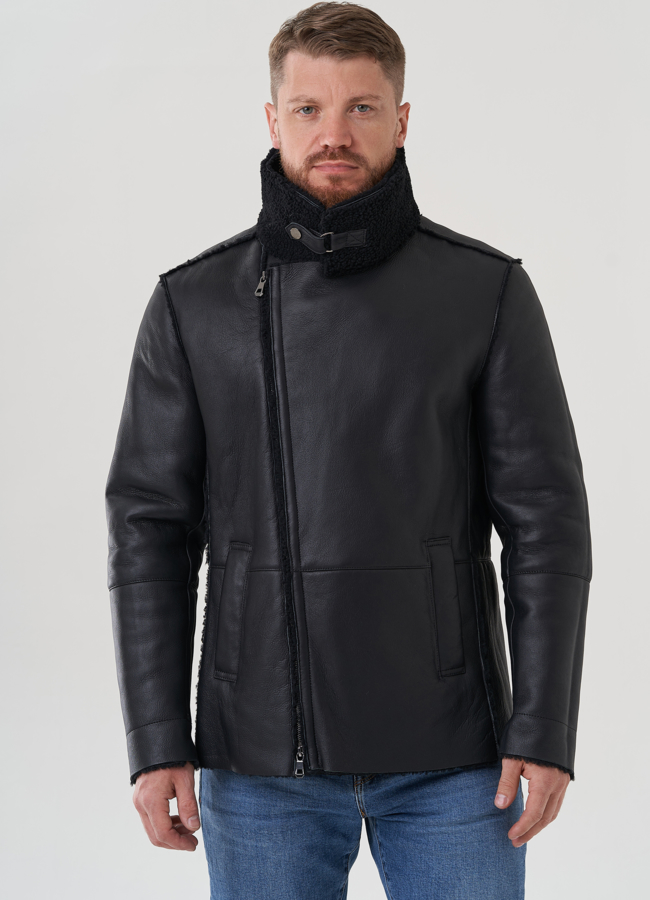 Дубленка мужская черного цвета  модель № 81636 меха малина