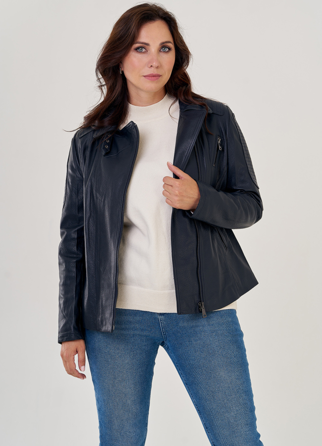 фото Куртка косуха из натуральной кожи в синем цвете модель № 10636