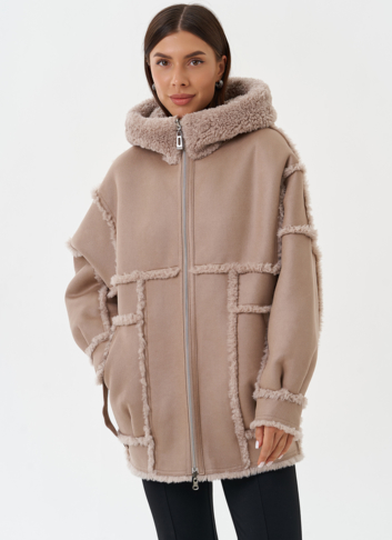 Двухсторонняя эко дубленка с капюшоном