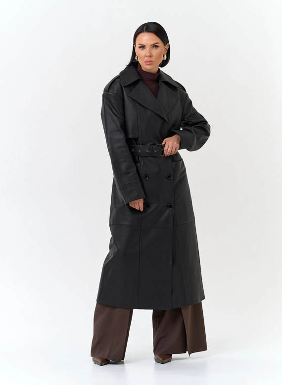 Женский плащ из натуральной кожи с поясом фото