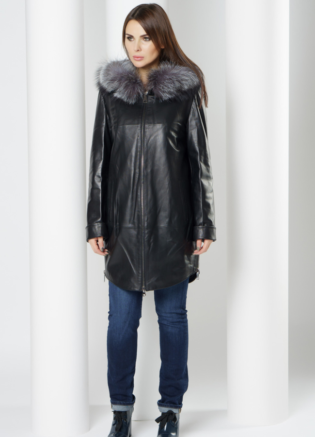 Утепленное полупальто из натуральной кожи с капюшоном  модель № 20201 в рассрочку