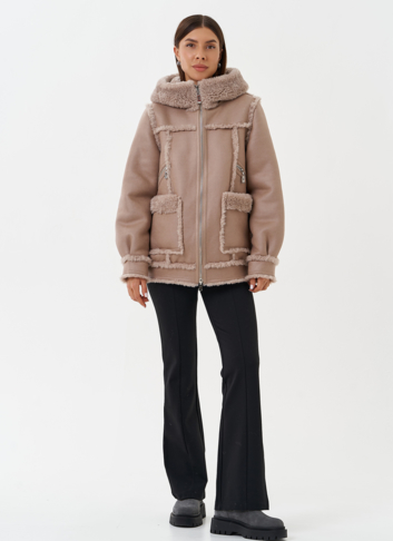 Двухсторонняя эко дубленка с капюшоном