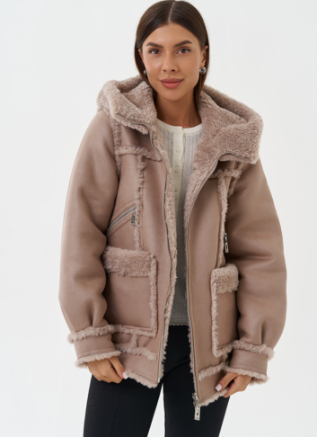 Двухсторонняя эко дубленка с капюшоном