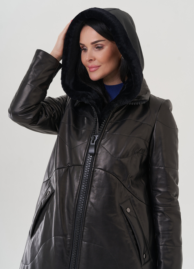 Пуховик из натуральной кожи на молнии с капюшоном модель № 19575 универмаг малина