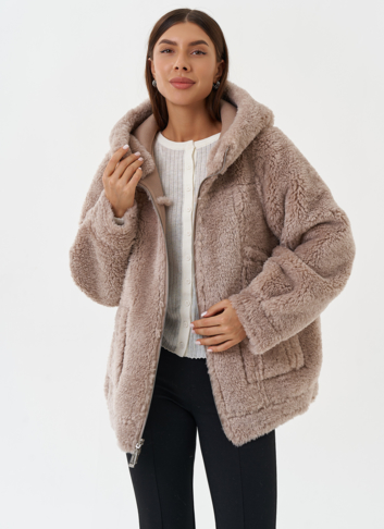 Двухсторонняя эко дубленка с капюшоном