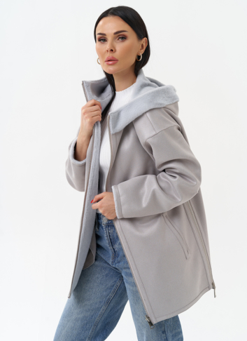 Двухсторонняя дубленка из эко замши с капюшоном