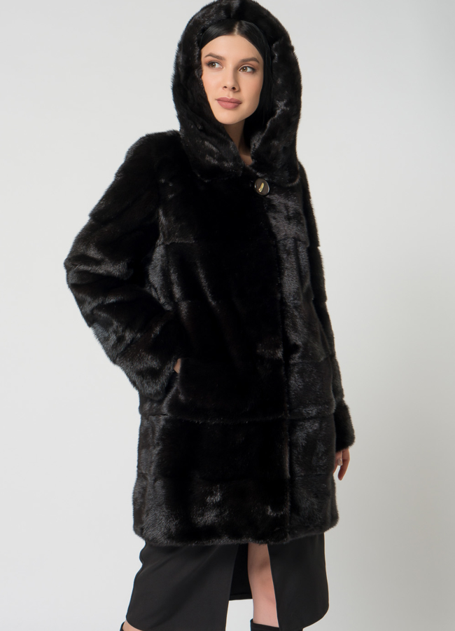 Норковая шуба с капюшоном модель № 24726 универмаг малина