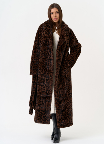 Длинная шуба из эко меха с анималистическим принтом