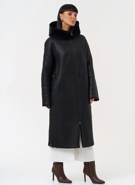 Натуральная двухсторонняя дубленка с капюшоном