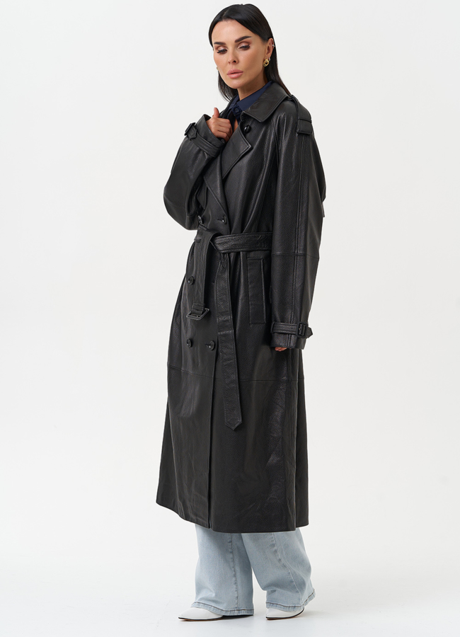 Длинный плащ из натуральной кожи черного цвета модель № 30626 в рассрочку