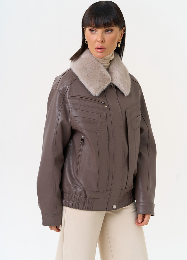 Женская утепленная куртка из эко кожи в бежевом цвете модель № 30702 универмаг малина