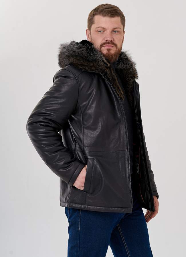 Мужской пуховик из натуральной кожи с мехом модель № 79173 универмаг малина
