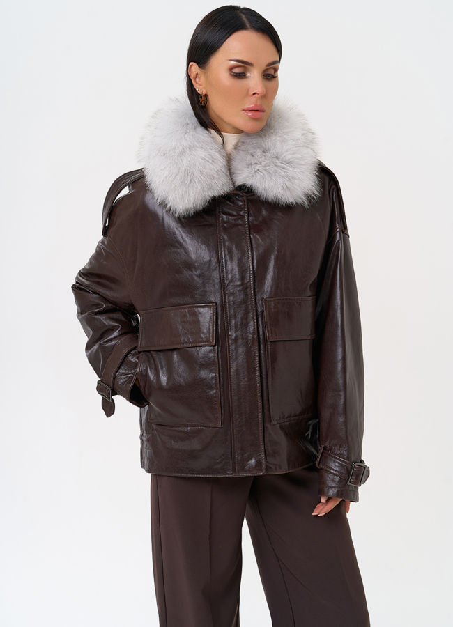 Короткий пуховик из натуральной кожи модель № 6382 универмаг малина