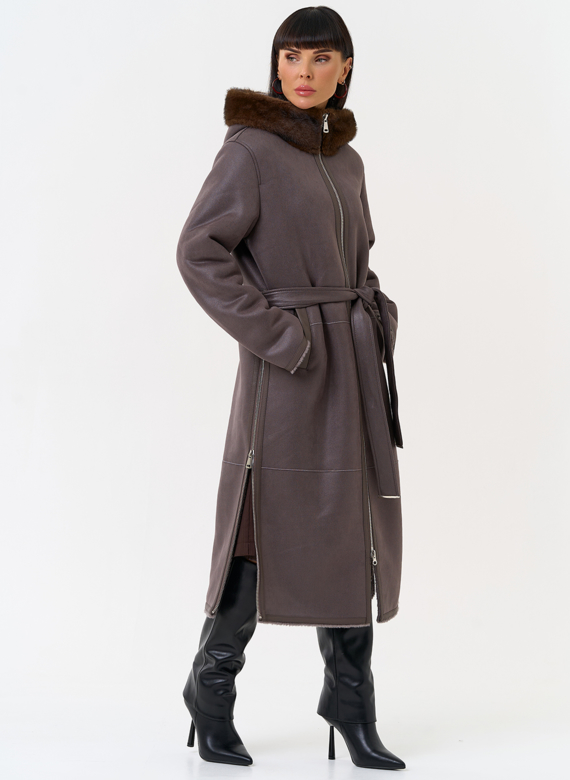 Женская дубленка из эко замши с поясом
