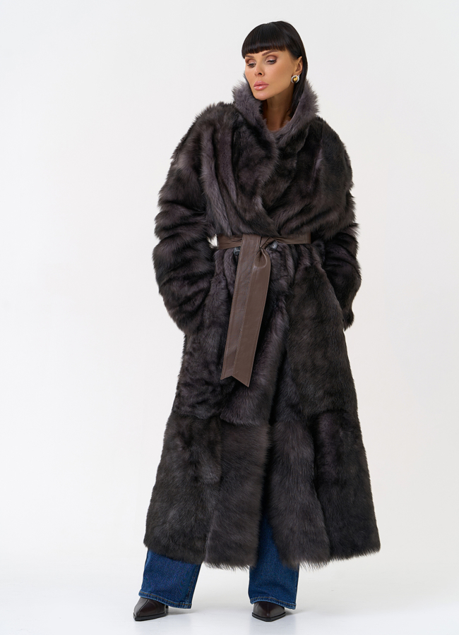 Женская двухсторонняя дубленка с поясом модель № 31616 универмаг малина