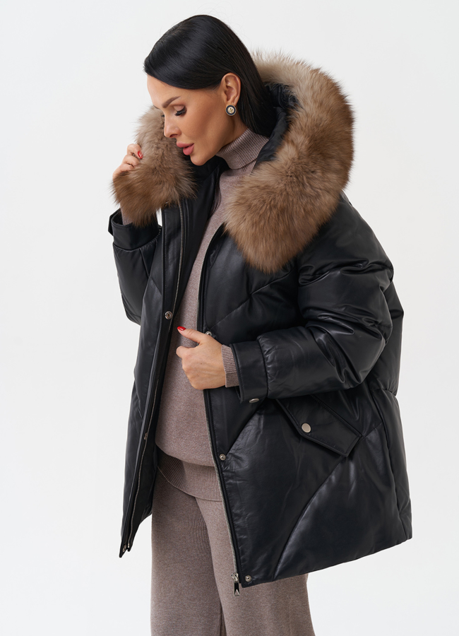 Женский кожаный пуховик с капюшоном модель № 28912 универмаг малина