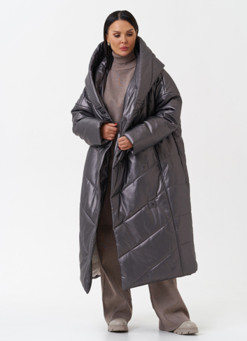 Пуховик из эко кожи с капюшоном