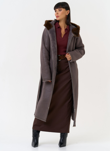 Женская дубленка из эко замши с поясом