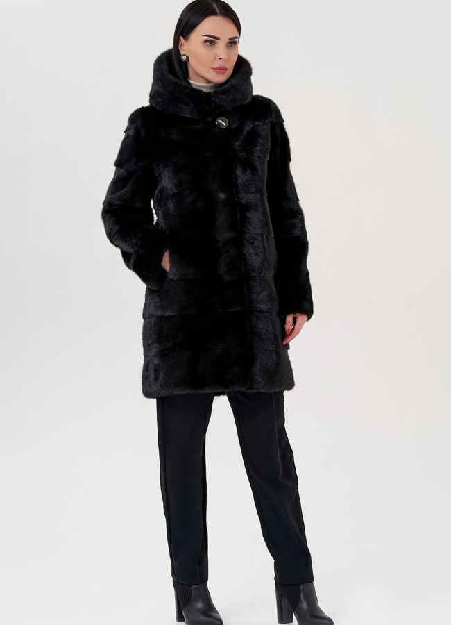 Шуба из норки с капюшоном черного цвета модель № 24727 универмаг малина