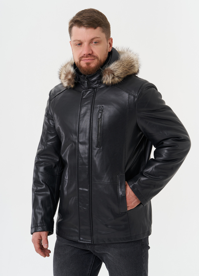 фото Пуховик из эко кожи с мехом енота модель № 27741