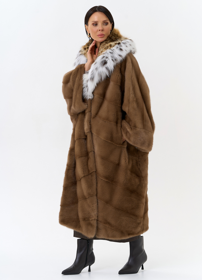 Шуба из меха норки с капюшоном из меха рыси модель № 31871 в рассрочку