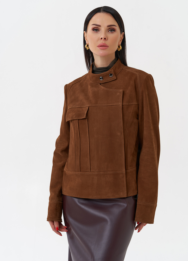 Замшевая куртка - футляр модель № 29924 меха малина