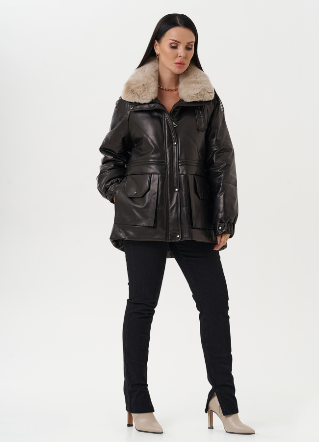 фото Пуховик из натуральной кожи с отделкой из меха кролика модель № 25381