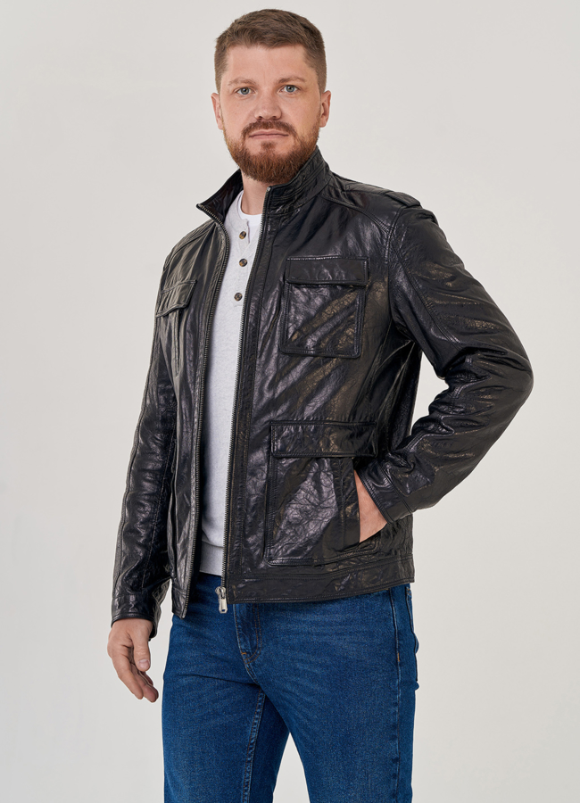 фото Кожаная куртка с накладными карманами модель № 8055