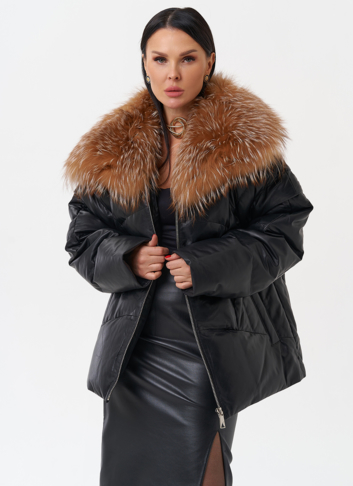Женский кожаный пуховик с отделкой из натурального меха Женский кожаный пуховик с отделкой из натурального меха